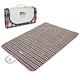 MIUCOLOR Foldable Large Picnic Blanket - Waterproof and Sandproof, Camping Mat for Outdoor Beach Hiking Grass Travelling - Orange-Blue Plaid -2 layers