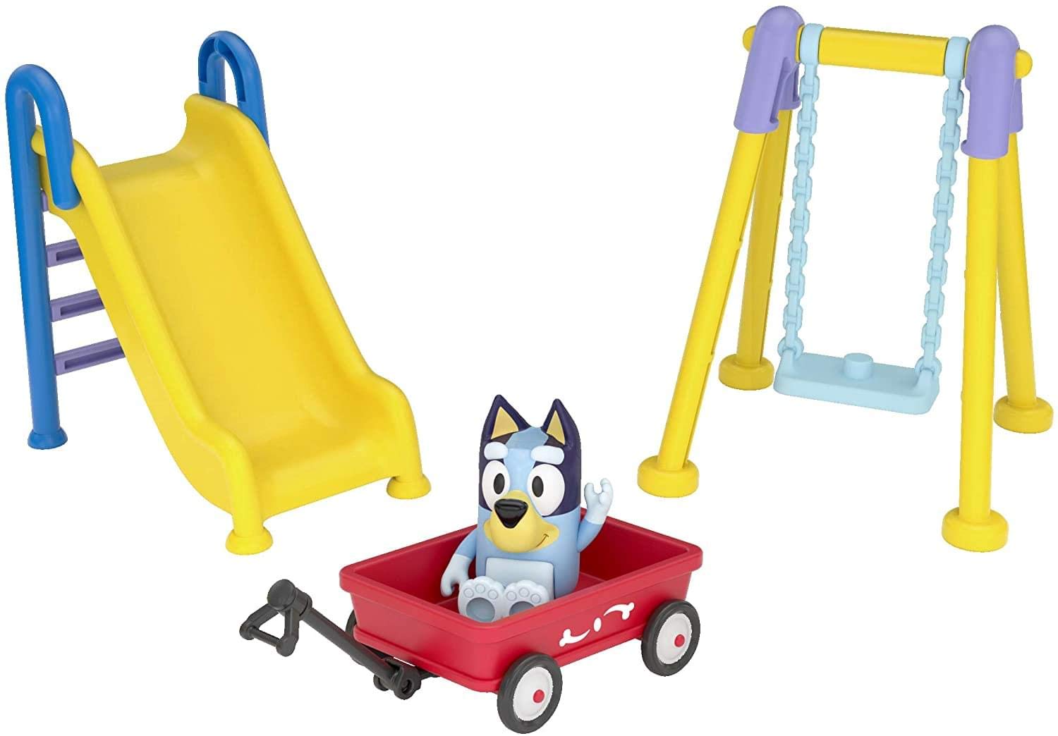 Bluey Park Play Set Articulated 2.5 Inch Action Figure And Three Piece Park Playset With Swing, Slide And Ridable Wagon Official Collectable Toy