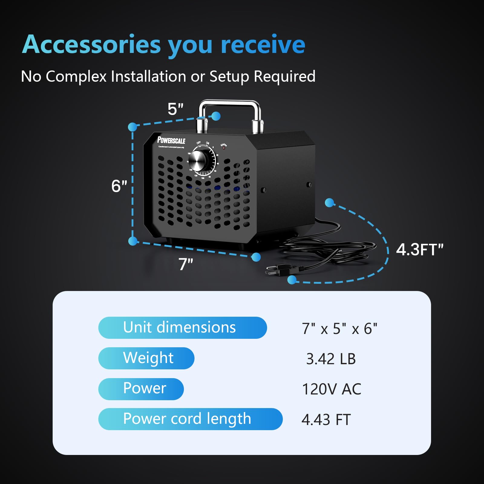 Ozone Generator 60,000 mg/h, Compact, 10s Safety Evacuation, Precision Electronic Control, O3 Odor Eliminator for Home, Car, Pet Smell, and Basement up to 2600 Sq.Ft - OZA1, Black