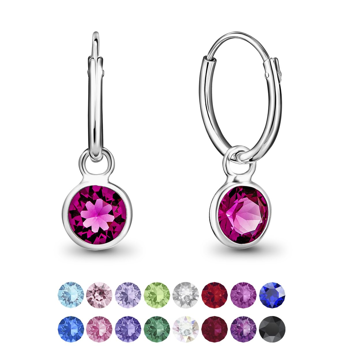 925 Sterling Silver Small Hoops Earrings with Dangling Round Crystals 3 mm - Fuchsia Earrings - Thickness 1.2 mm - Diameter: 12 mm