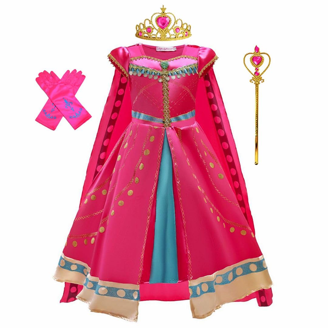 COLOR PRINCE Girls Pink Princess Fancy Dress Up Set, Kids Sparkle Party Costume with Gold Tiara, Wand & Gloves, Children's Birthday Halloween Outfit, 3-4 Years