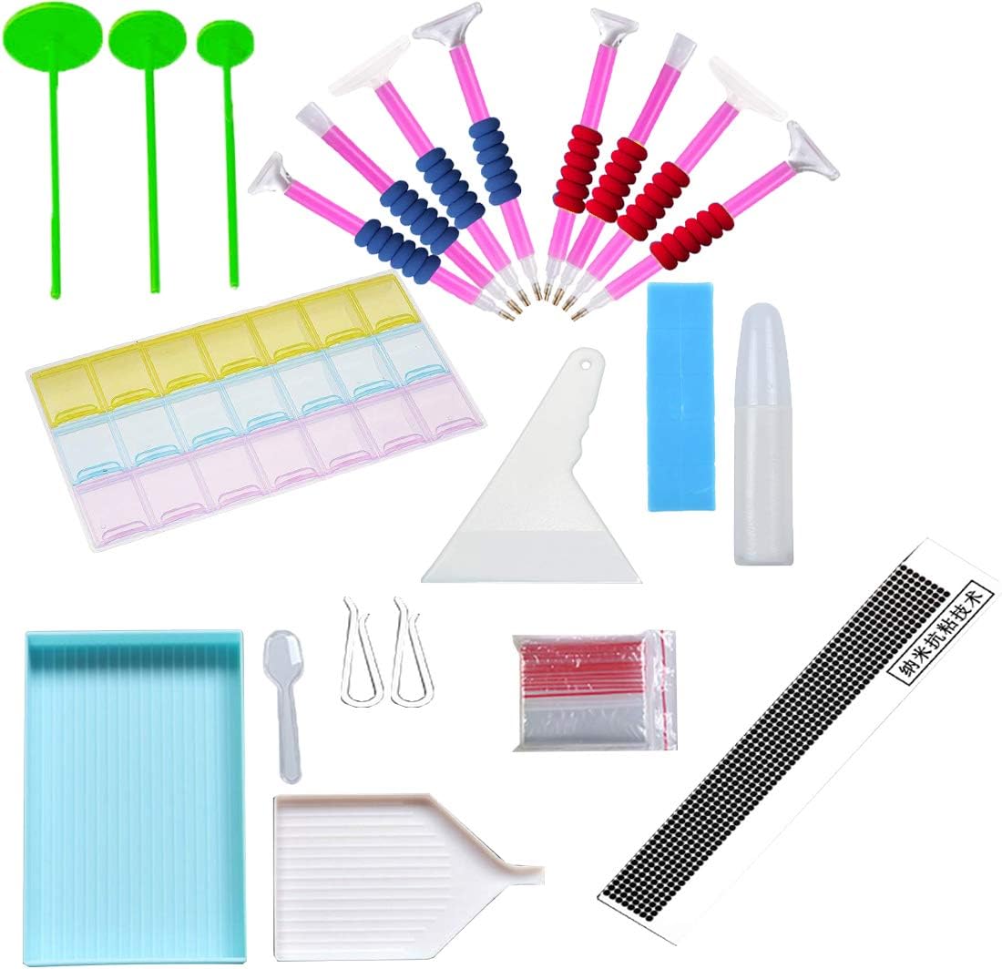 5D DIY Diamond Painting Tools Set,3 Drill Wheel,Anti-Stick Drilling Ruler,8 Diamond Painting pens,21 grids Storage Box,10 Clays,20 Plastic Bags ,1 Dotting Rhinestone Point Gap Correction D,2X Fixed