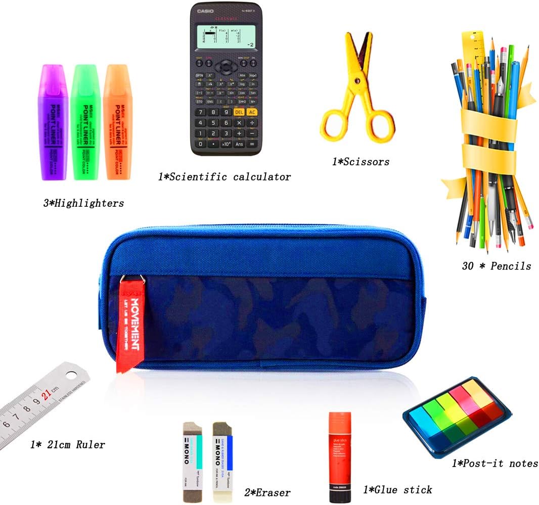 TOYESS Large Pencil Case for Boys and Girls Lightweight Triple Pockets Pencil Cases with Big Compartments for School Stationary Camouflage Blue - Image 4