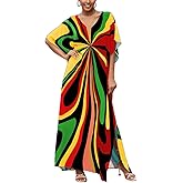 IMAGEKOPE Moroccan Print V-Neck Batwing Kaftan Women's Plus Size Loose Fit Beach Dress Bathing Suit Cover Up Loungewear