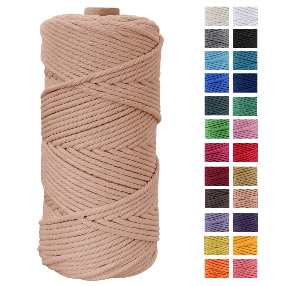 Macrame Cord 4mm x 100m, JeogYong Thick Natural Cotton Yarn Thread, 4-Strand Twisted Spool Twine String Rope for DIY Crafts, Wall Hangings, Plant Hangers, Home Decorations (Apricot), a220-FT