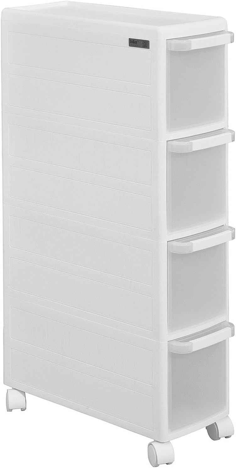 SoBuy® FRG41-W Rollwagen mit Vier Schüben Nischenwagen mit 2 Deckplatten Schubladencontainer Küchenregal weiß Breite: 18cm
