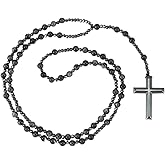 OEMOO Rosary Beads Catholic, 6mm Larvikite Beads Hematite Cross Pendant Rosary Necklace, Rosarios Catolicos Healing Crystal Triple Protection Necklace Catholic Gifts for Women Men