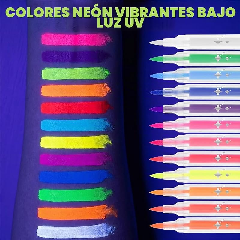 Pintacaras Infantil, 12 Colores UV Fluorescente Pintura Cara Niños Hipoalergenica, Pintura de Cara de Neón Brillante UV, Rotuladores Corporales para Piel Punta Individual para Halloween Carnaval — foto 3 de 8