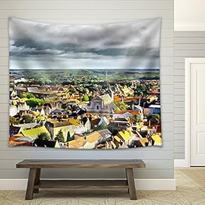 Medieval Town Aerial Landscape in Bruges Illustration - Fabric Wall Tapestry Home Decor - 51x60 inches