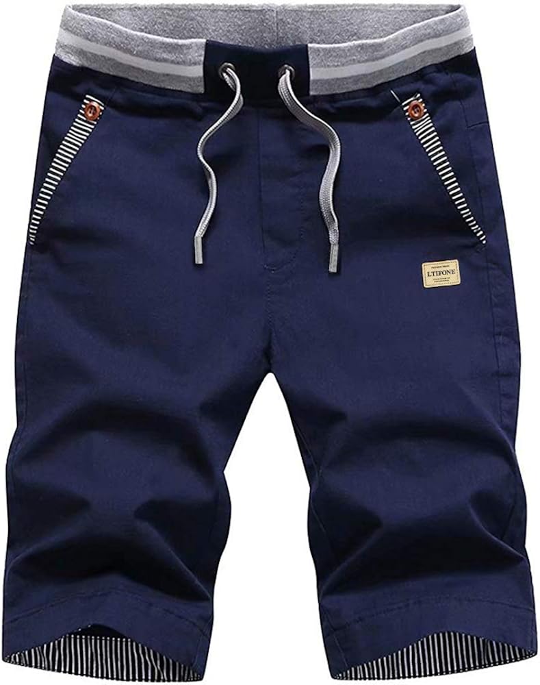 LTIFONE Mens Shorts Casual Regular Fit 9" Inseam, Cotton, Drawstring, Summer Beach Shorts, Skate with Elastic Waist and Pockets at  Men’s Clothing store