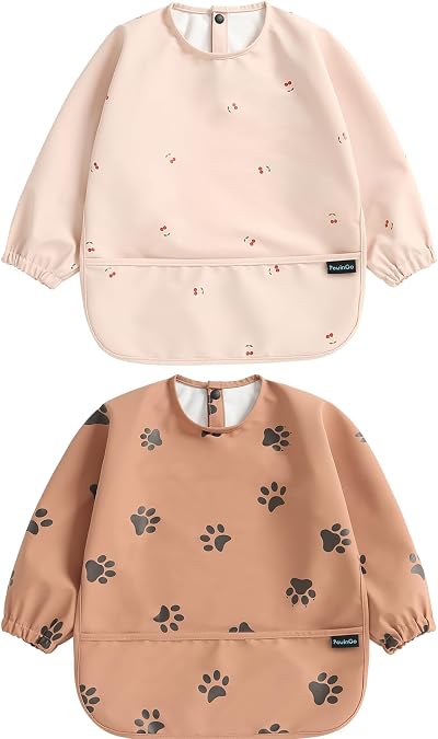 PewinGo Weaning Bib with Long Sleeves 2PCS Waterproof Baby Burp Coverall Bibs