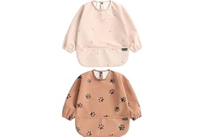 PewinGo Weaning Bib with Long Sleeves 2PCS & BLW, Soft and Skin-Friendly Material, Coverall Bibs for Baby Feeding, Waterproof
