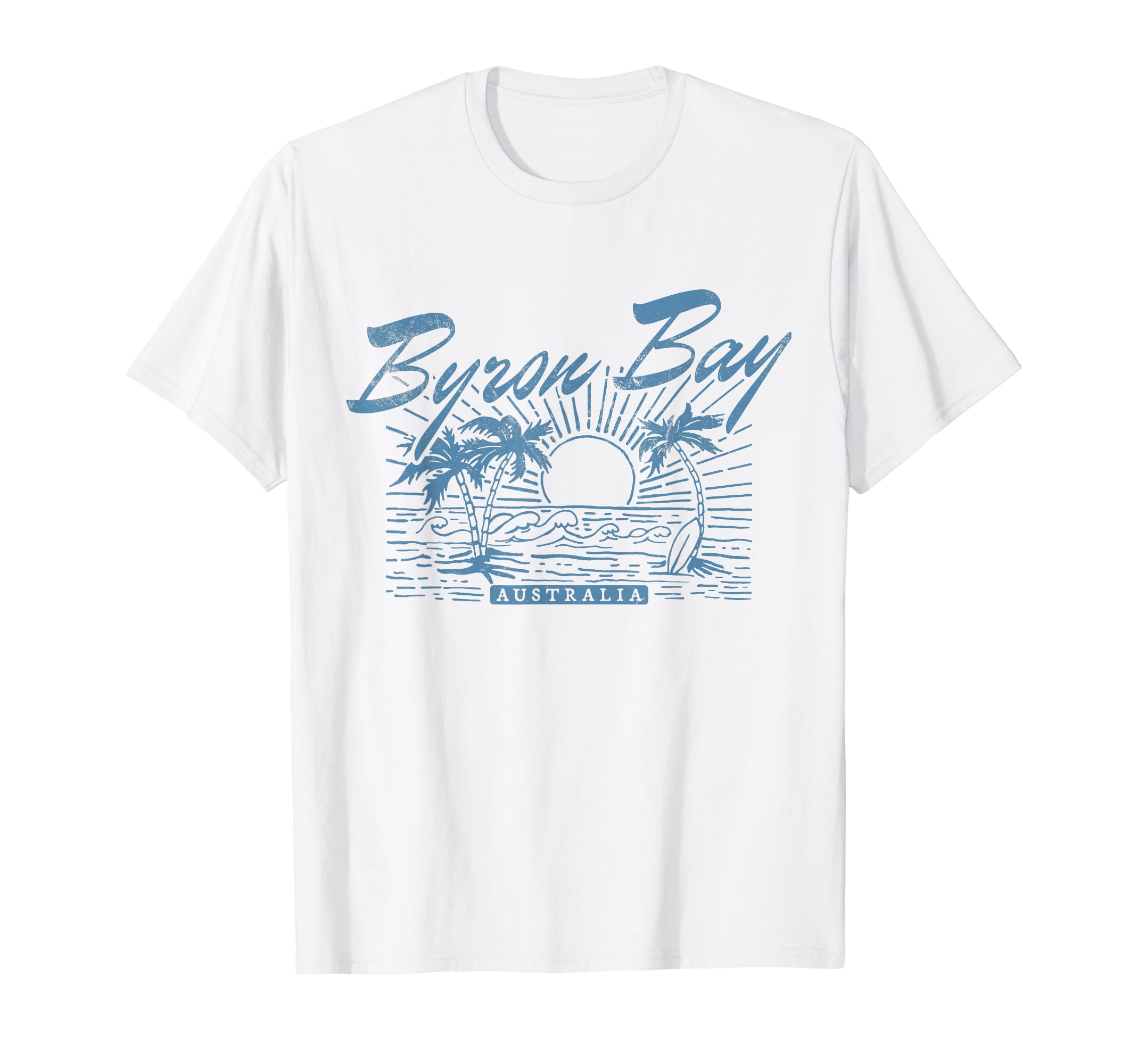 Photo 1 of **LIGHT BLUE** Byron Bay Australia Distressed Palm Tree Surf T-Shirt L