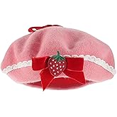 Women Strawberry Hat Strawberry Beret Hats with Bowknot French Artist Beanies Party Costume French Painter Hat Wool Cap