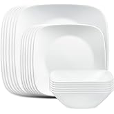 Corelle Vitrelle 18-Piece Service for 6 Square Dinnerware Set Triple Layer Glass and Chip Resistant, Lightweight Square Plates and Bowls Set, Pure White