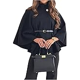 MakeMeChic Women's Poncho Pea Cape Coat Mock Neck 3/4 Sleeve Belted Business Jacket Outerwear