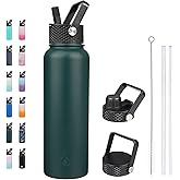 BJPKPK Insulated Water Bottles with Straw Lid, 40oz Stainless Steel Metal Water Bottle with 3 Lids, Reusable Thermo, Keep Cold Hot for Sports, Gym-Army Green