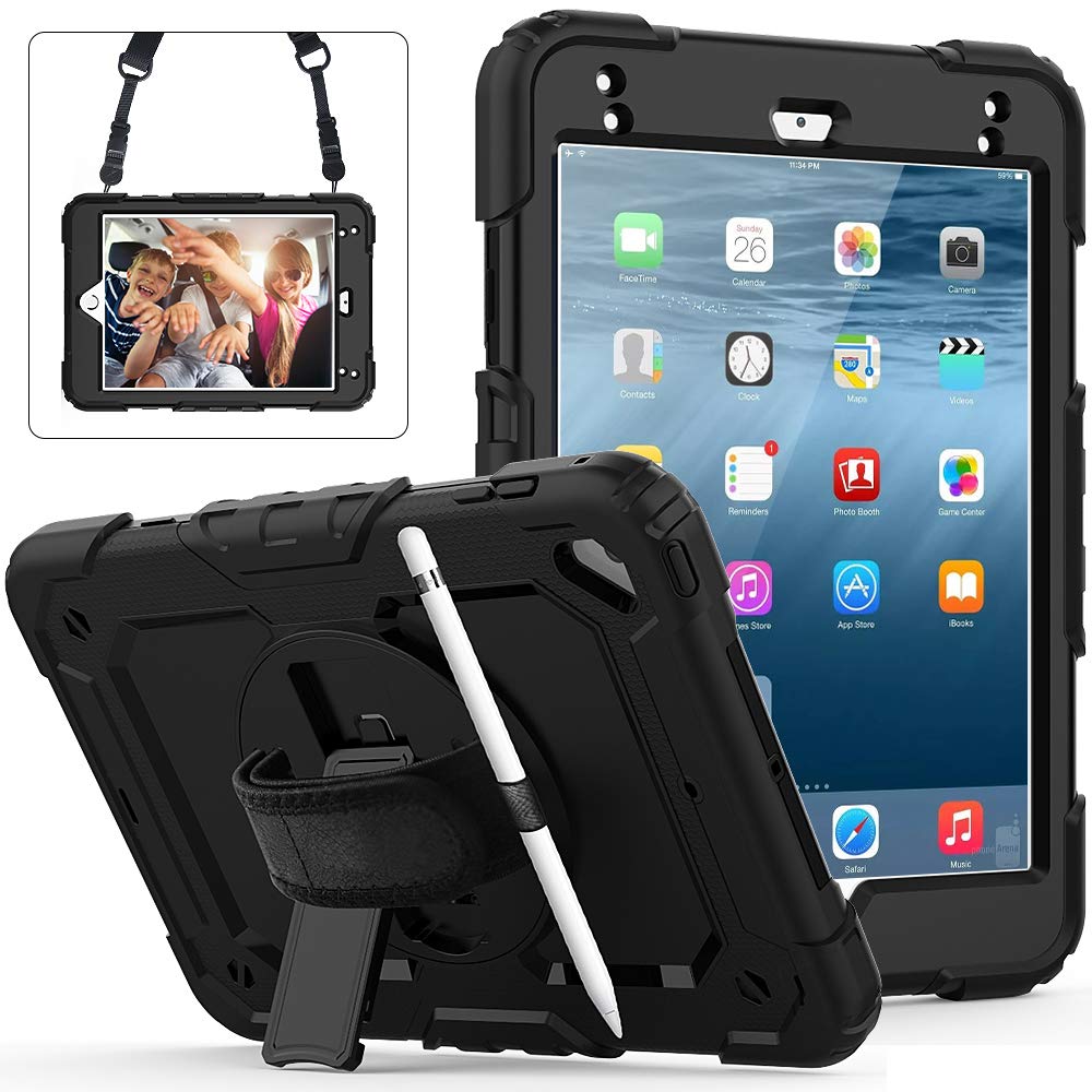 Lobwerk 4-in-1 Protective Hard Case for Apple iPad Mini 4/5 7.9 Inch with Stand Function and Carry Strap Black