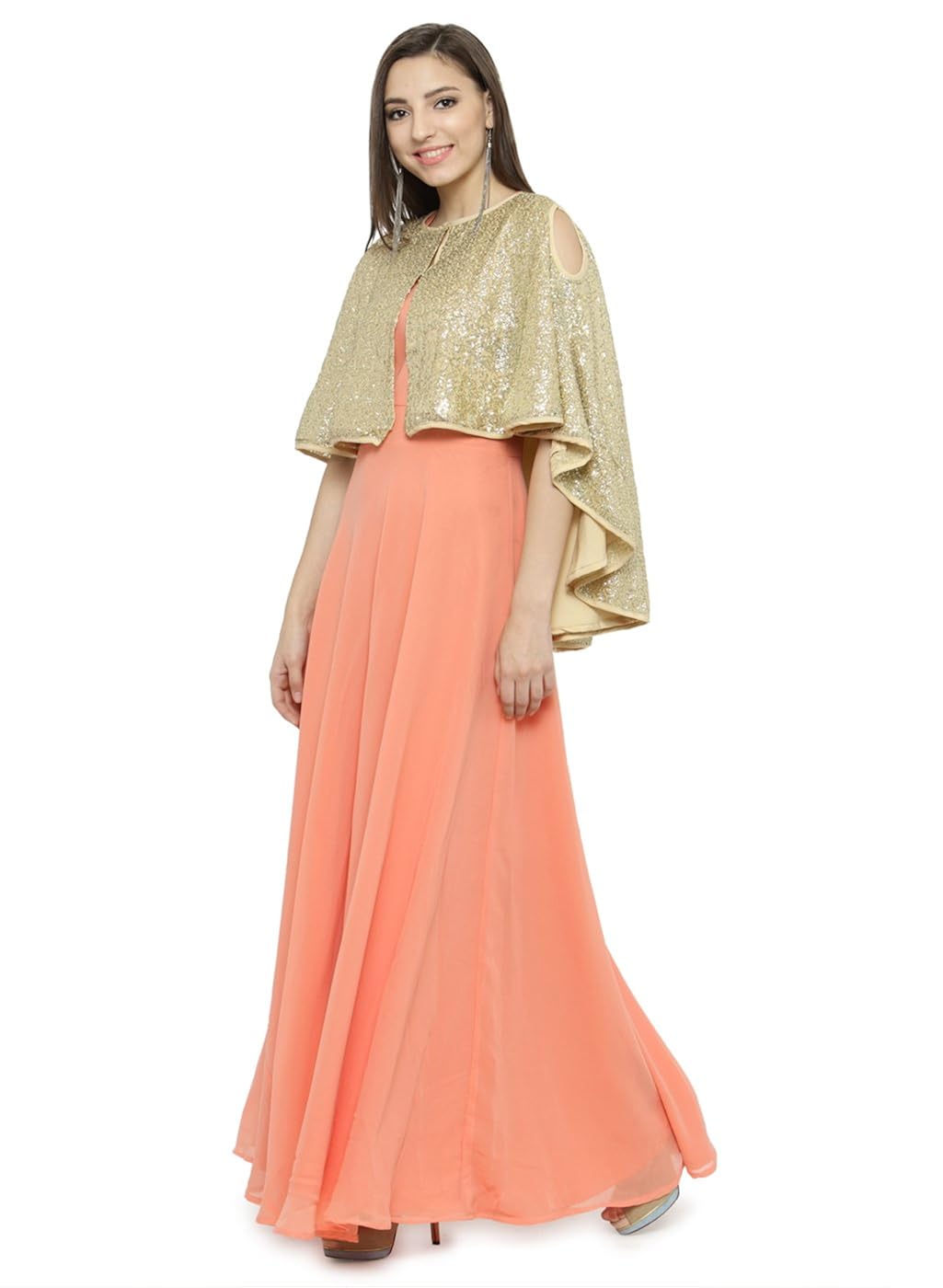 just wow peach & golden poly georgette women's dress