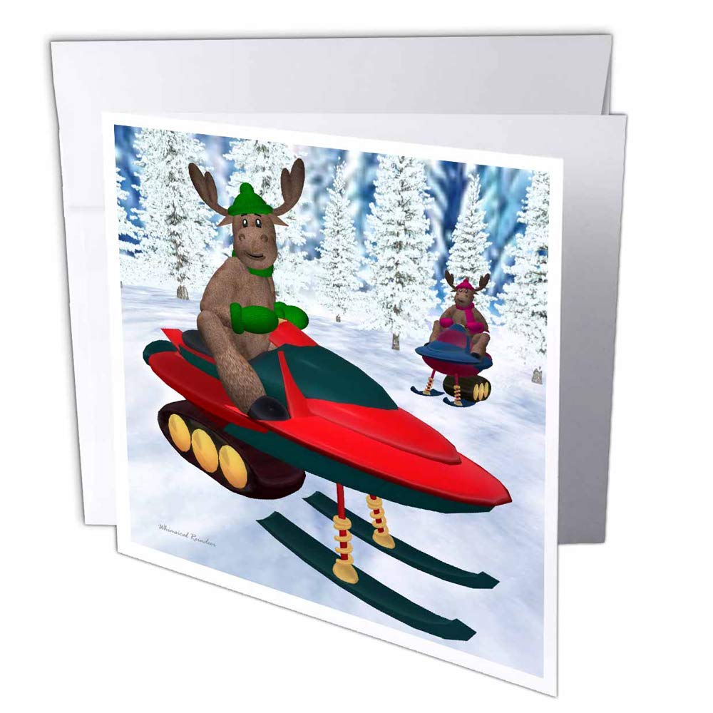 3dRose gc_19360_1 6 x 6-Inch "Reindeer Riding Snow Mobiles" Greeting Card (Pack of 6)