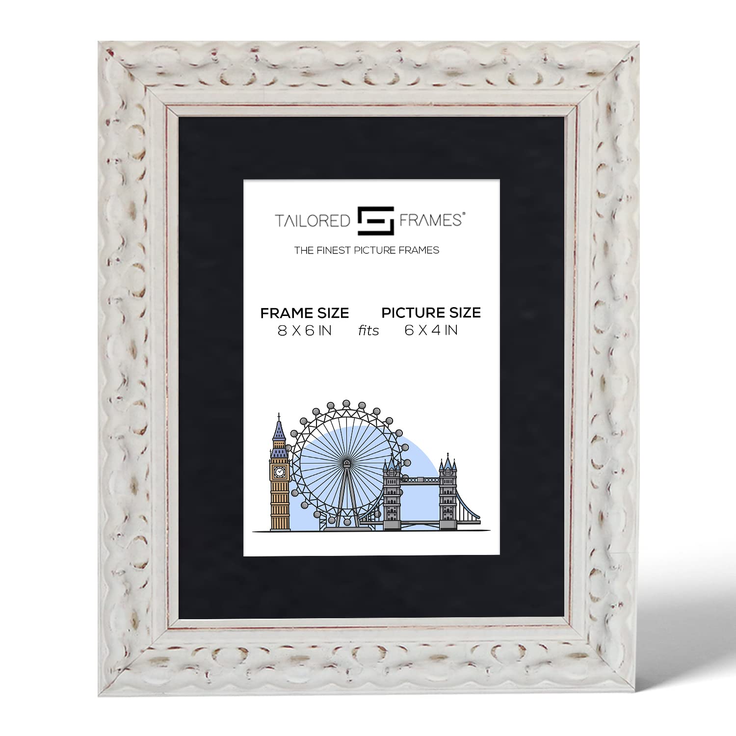 Tailored Frames Vienna White 8" X 6" Frame for 6" X 4" Picture | Rustic Style Vintage Single Picture Frame | Table Top & Wall Hanging Type | Photo Frame with Black Mount