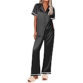 Ekouaer Women's Silk Pajamas Set Short Sleeve Satin Pjs 2 Piece Soft Loungewear with Pants Button Down Sleepwear,Black,M