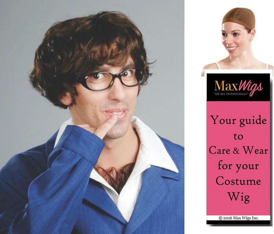 Enigma Costum WigsBritish Spy color BROWN - Enigma Wigs Austin Powers Shaggy Messy men 70s Myers Bundle with Cap, MaxWigs Costume Wig Care Guide