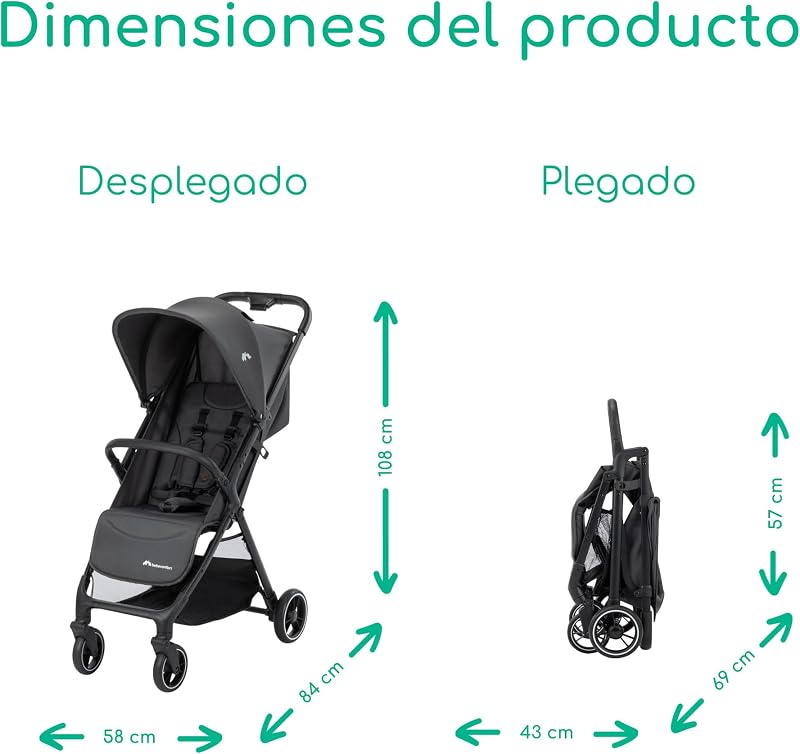 Azur, carrinho compacto para bebés, 0-3 anos (15 kg), carrinho leve para bebés, dobramento automático com uma mão, posição reclinada total, cesto largo, grafite mineral