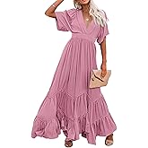 CHARTOU Women's Boho Ruffle Sleeve Flowy Maxi Dress Lace Up Back Tiered Party A Line Dress