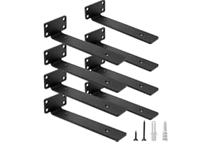HITOMEN Heavy Duty Floating Shelf Brackets, 8-Inch (1/5'' Thick) Hidden Shelves Hardware, Cast Iron L Brackets, Rustic Industrial Black Metal Wall Shelving Supports, 8 Pack