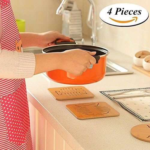 4 Pack Wood Hot Pads Pot Holders, Magnolora Insulated Non Slip Trivet Mat Set for Kitchen, Hot Pads, Teapot Trivet, Baking, Cooking,