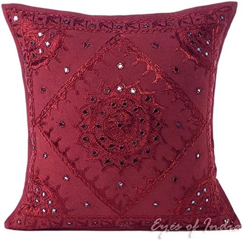 Eyes of India - 16" Burgundy Red Mirror Embroidered Sofa Couch Pillow Cushion Cover Colorful Decorative Throw Bohemian Indian Boho *Cover Only*