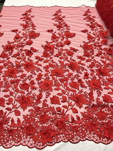 RED PRINCESS 3D FLORAL EMBROIDER WITH PEALS ON A MESH LACE-SOLD BY YARD.