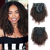 Lovrio 9A Grade Afro Kinkys Curly Clip in Virgin Human Hair Extensions Real Remy for Black Women Ombre Tone Natural Black Fading into Light Chocolate Brown TN/4 7 Pcs 120g 14