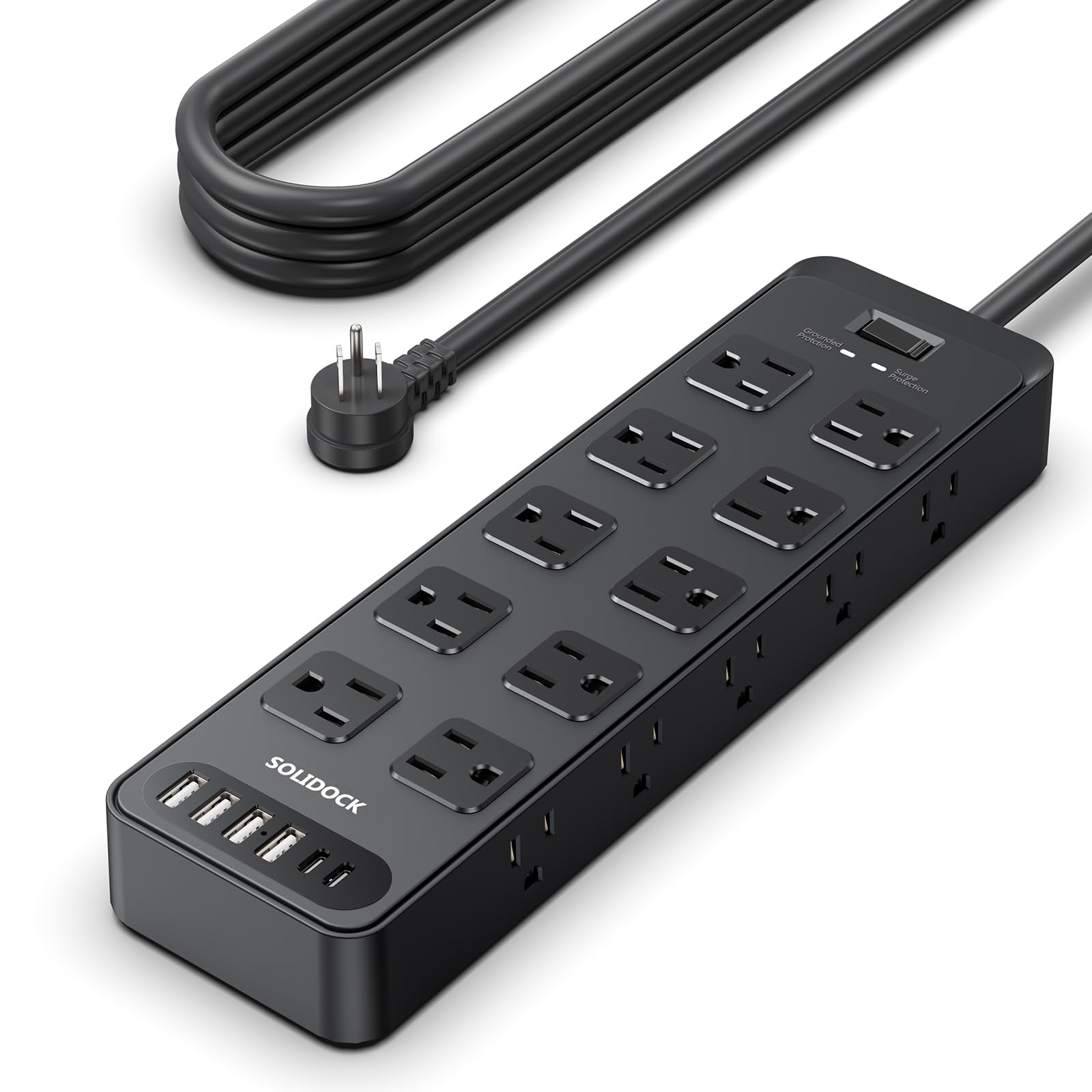 Photo 1 of Solidock Power Strip Surge Protector Flat Plug with 20 AC Outlets 6 USB Chagring Ports, 1875W/15A, 2700J, 10 Ft Heavy Duty Extension Cord for Home, Office, Dorm, Gaming,ETL Listed (Black, 10 Feet)