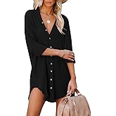 Paintcolors Women's Long Sleeve Button Down Tunic Dresses Beach Cover-ups Oversized Blouse Tops with Pockets