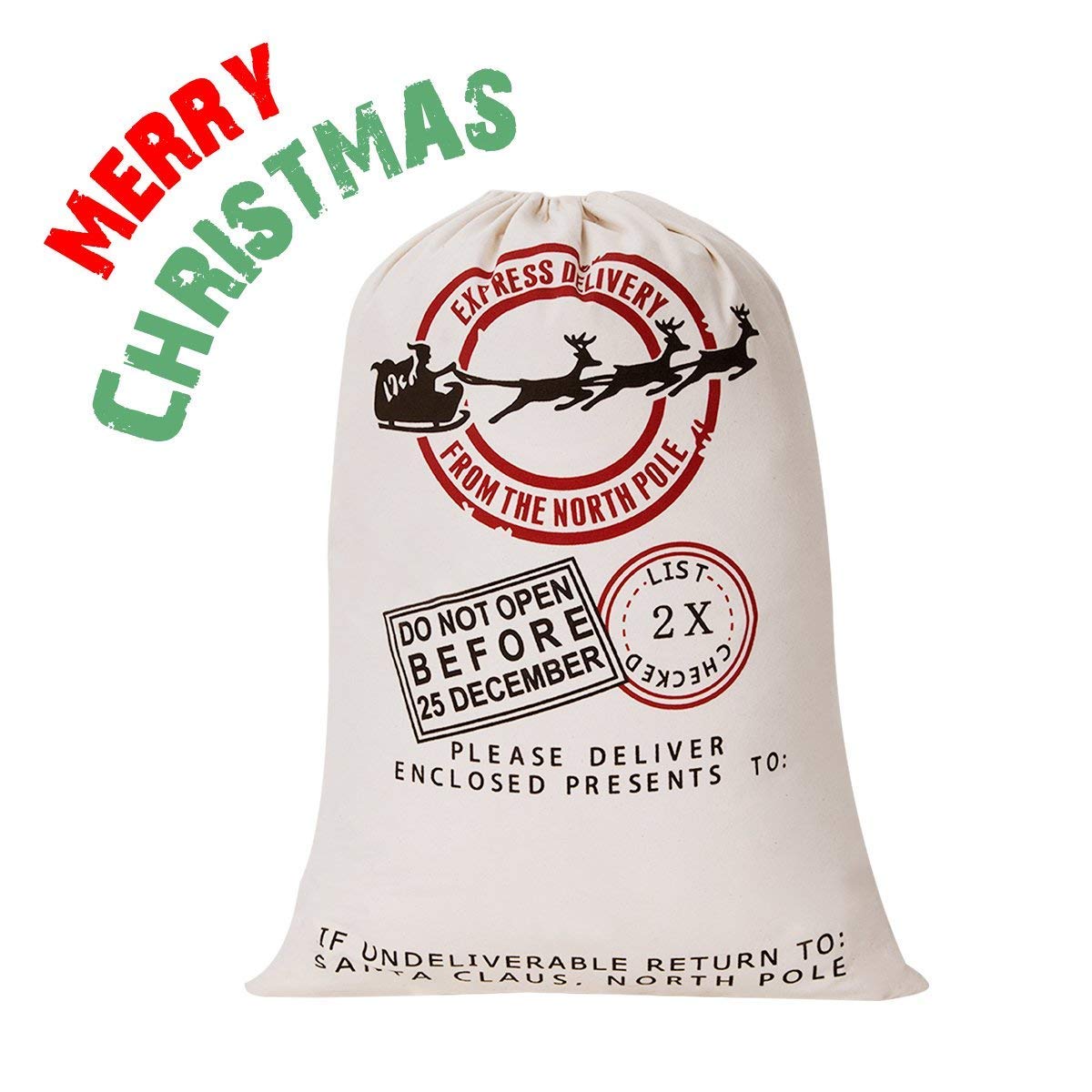 Ausein Christmas Sack Large Bag, Xmas Sacks, North Pole Mail Hessian Santa Stockings Sack, Personalised Name Space Large Storage Bags - 70 x 50 cm/ 28 x 20 inch, Beige