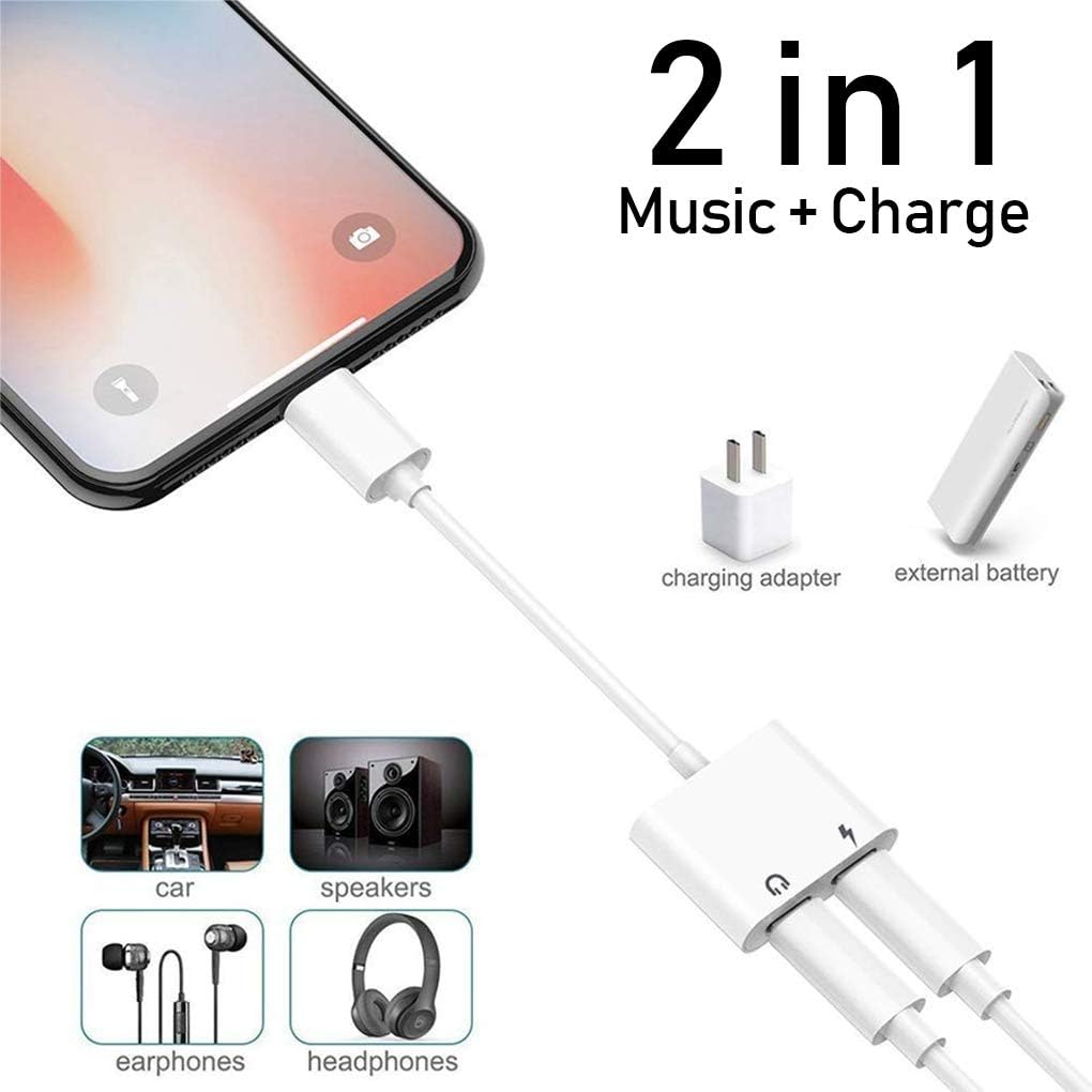 [Apple MFi Certified] 2 in 1 Dual Lightning iPhone Adapter & Splitter, Adapter Dual Converter Cable Headphone Music+Charge+Call+Volume Control Compatible for iPhone 11/11 Pro/XS/XR/X 8/7, iPad-iOS 13: Electronics