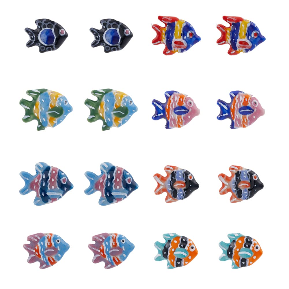 DICOSMETIC 16Pcs 8 Colors Porcelain Fish Beads Multi-colored Fish Spacer Beads Ocean Animal Loose Beads Hawaii Summer Beads for Jewelry Making DIY Crafts, Hole: 2mm