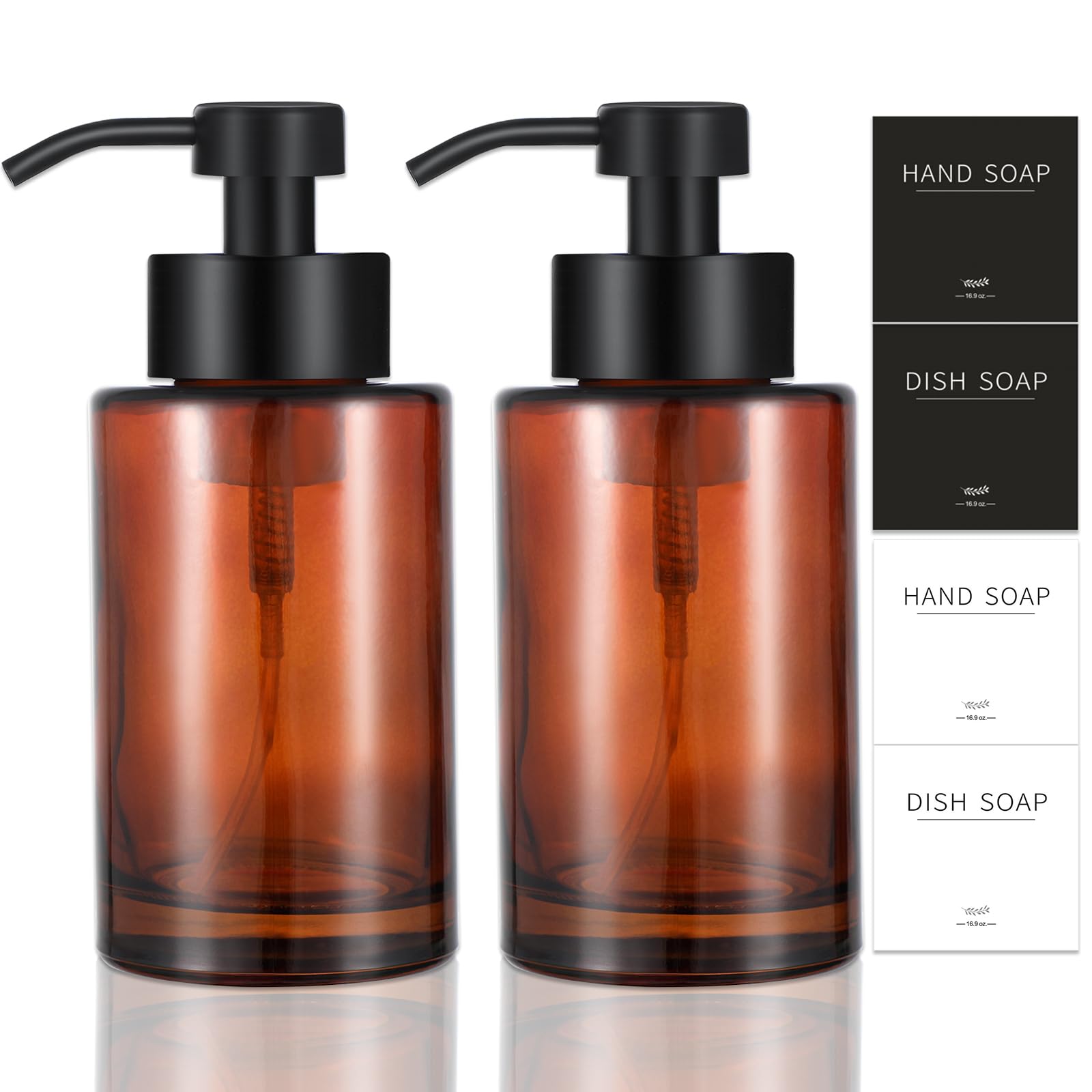 Photo 1 of ***MISSING LIDS*** Foaming Soap Dispenser Set, 12 Oz Glass Hand Soap Dispenser with 304 Rust Proof Stainless Steel Pump, Waterproof Labels, for Bathroom Decor Kitchen College Dorm, Brown Black Pump 2 Pack