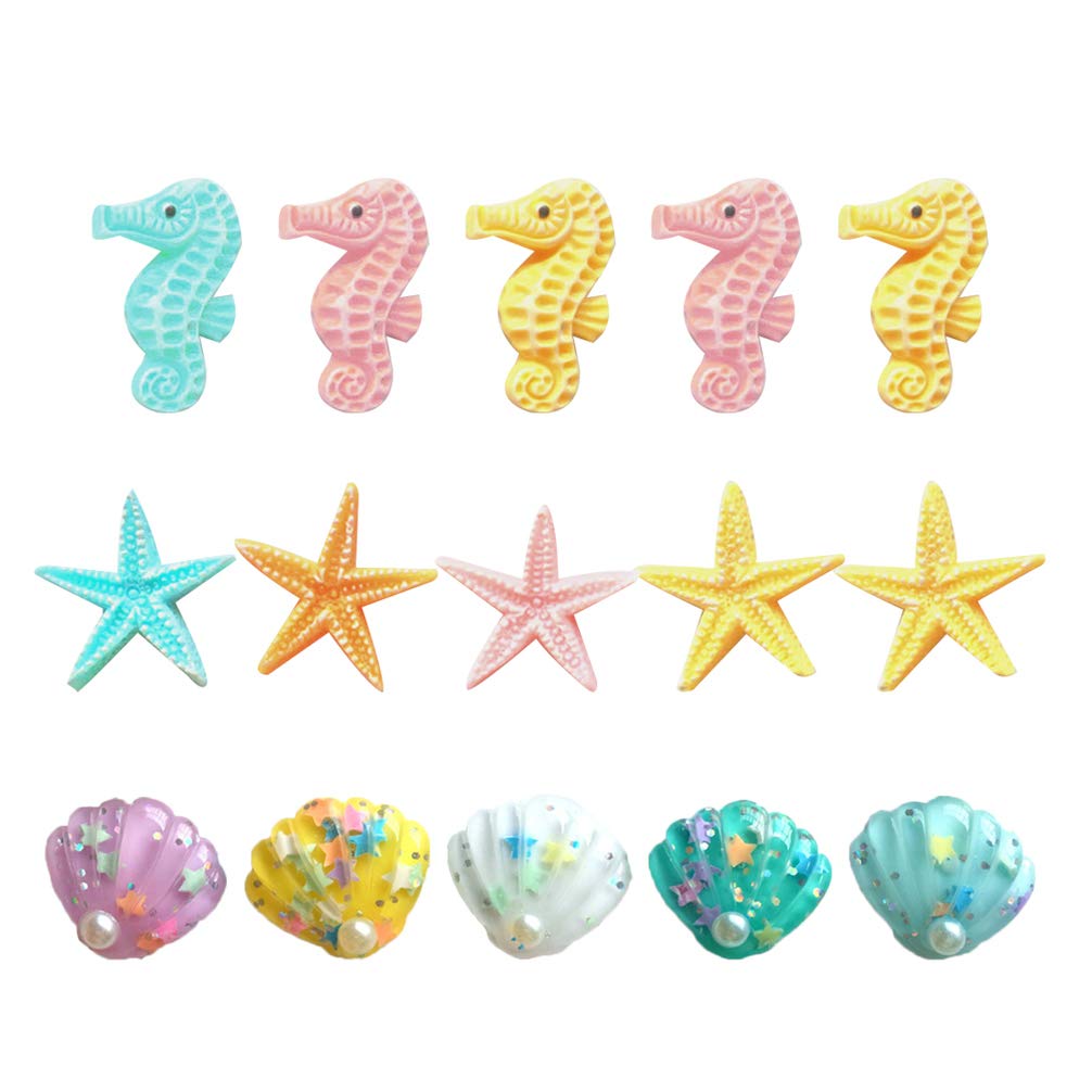 VOSAREA 15pcs Miniature Ocean Ornament Resin Beach Shell Sea Star Sea Horse Figure Animal Toys Fairy Garden Office Decor Fish Tank Aquarium Bonsai Dollhouse Decorations