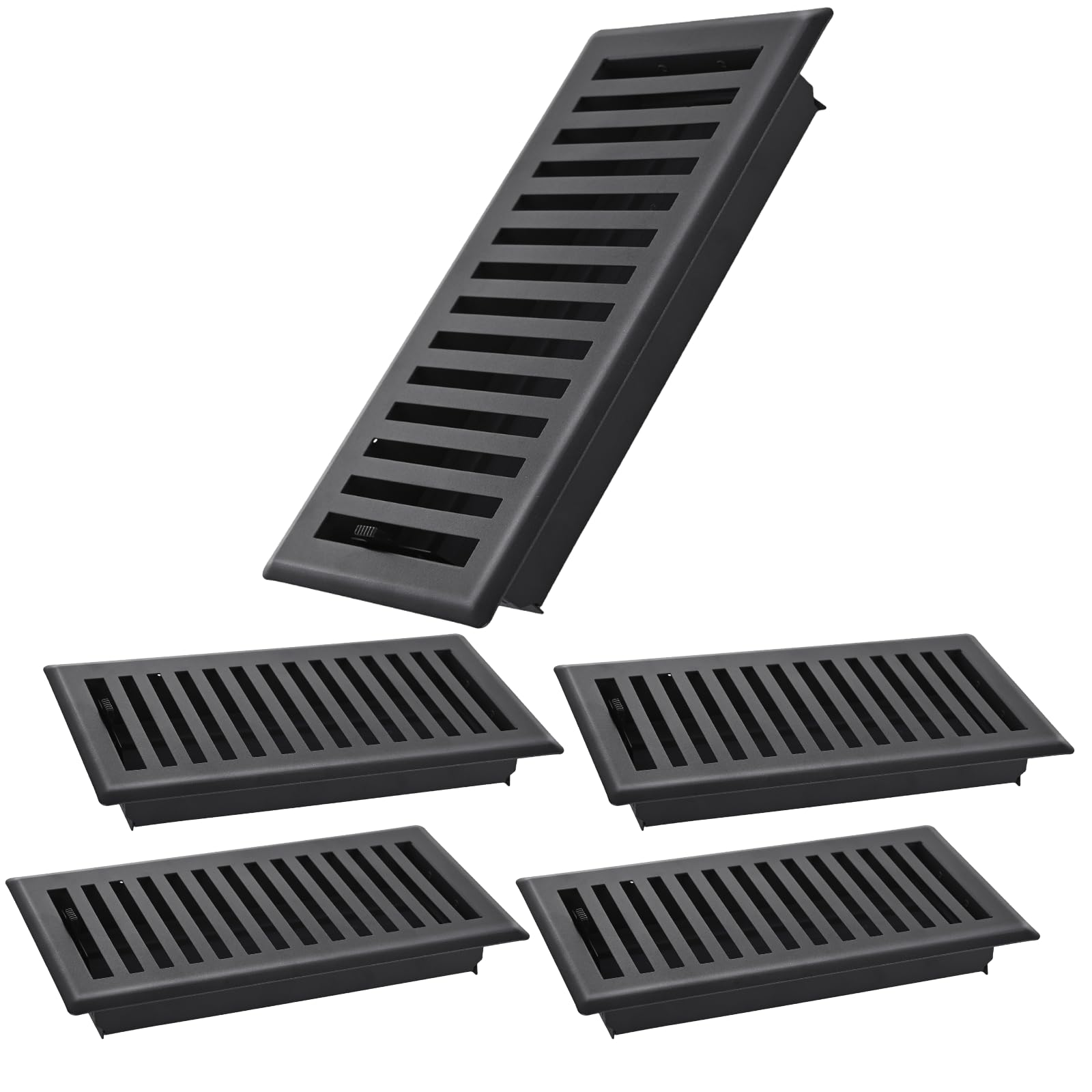 Photo 1 of Flowild 5 Pack Floor Register 4x10 Inches, Heavy Duty Walkable Floor Vent Covers, Easy Adjust Air Supply Lever Decorative Floor Vents - Vent Covers for Home Floor - Matte Black