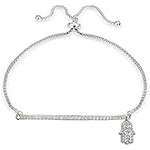 Hoops & Loops Sterling Silver Cubic Zirconia Hamsa & Bar Adjustable Pull String Bracelet