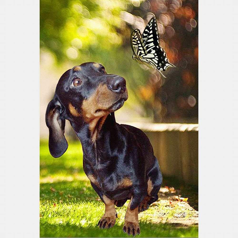 XDXART DIY 5D Diamond Painting by Number Kit, Full Drill Cross Stitch Kit Craft Wall Stickers for Living Room Decoration, Dog and Butterfly(20X30CM/8X12inch)