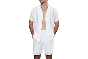SPKPKEY 2026 New Men's 2 Piece Outfits Summer Beach Sets See Through Short Sleeve Lace Shirt and Shorts Set S-3XL