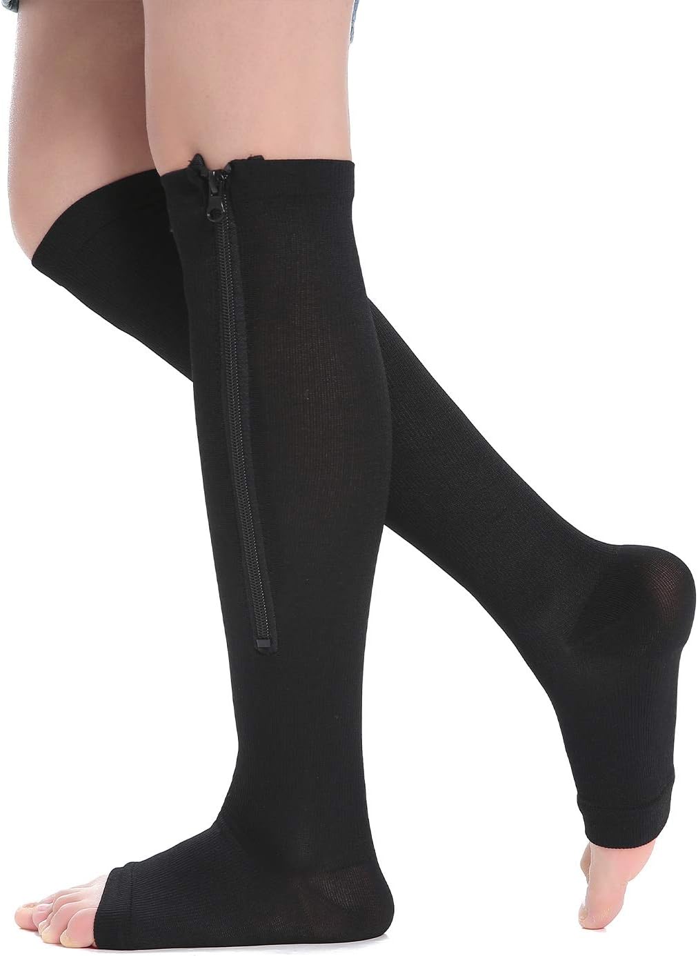 AIYOGA Medical Zipper Compression Calf Socks 15-20 mmHg for Women & Men, Knee High Open Toe Firm Support Graduated Varicose Veins Hosiery for Edema, Swelling, Pregnancy, Recovery