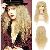 Salaibs Blonde Long Curly 80s 70s Rocker Punk Wigs for Women with Bangs Mullet Wavy Wig Cosplay Halloween Disco Party wig