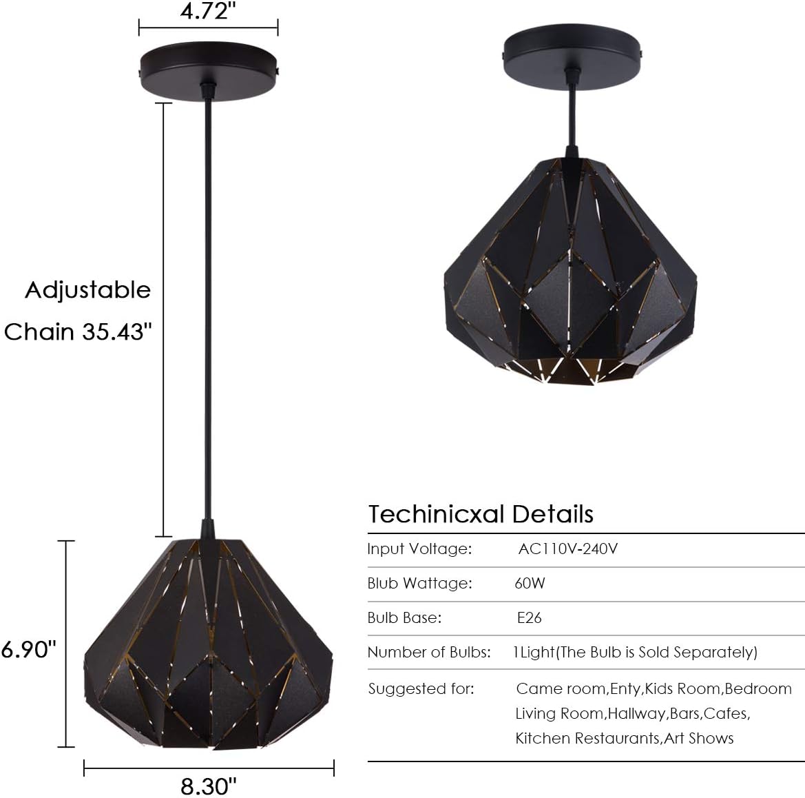 SAISHUO Geometric Pendant Light, Retro Loft Style Design, Mini Black Pendant Lighting Fixture, Hanging Ceiling Lamp, Chandelier for Kitchen Island, Bar, Hallway, Living Room, Dining Room - - 