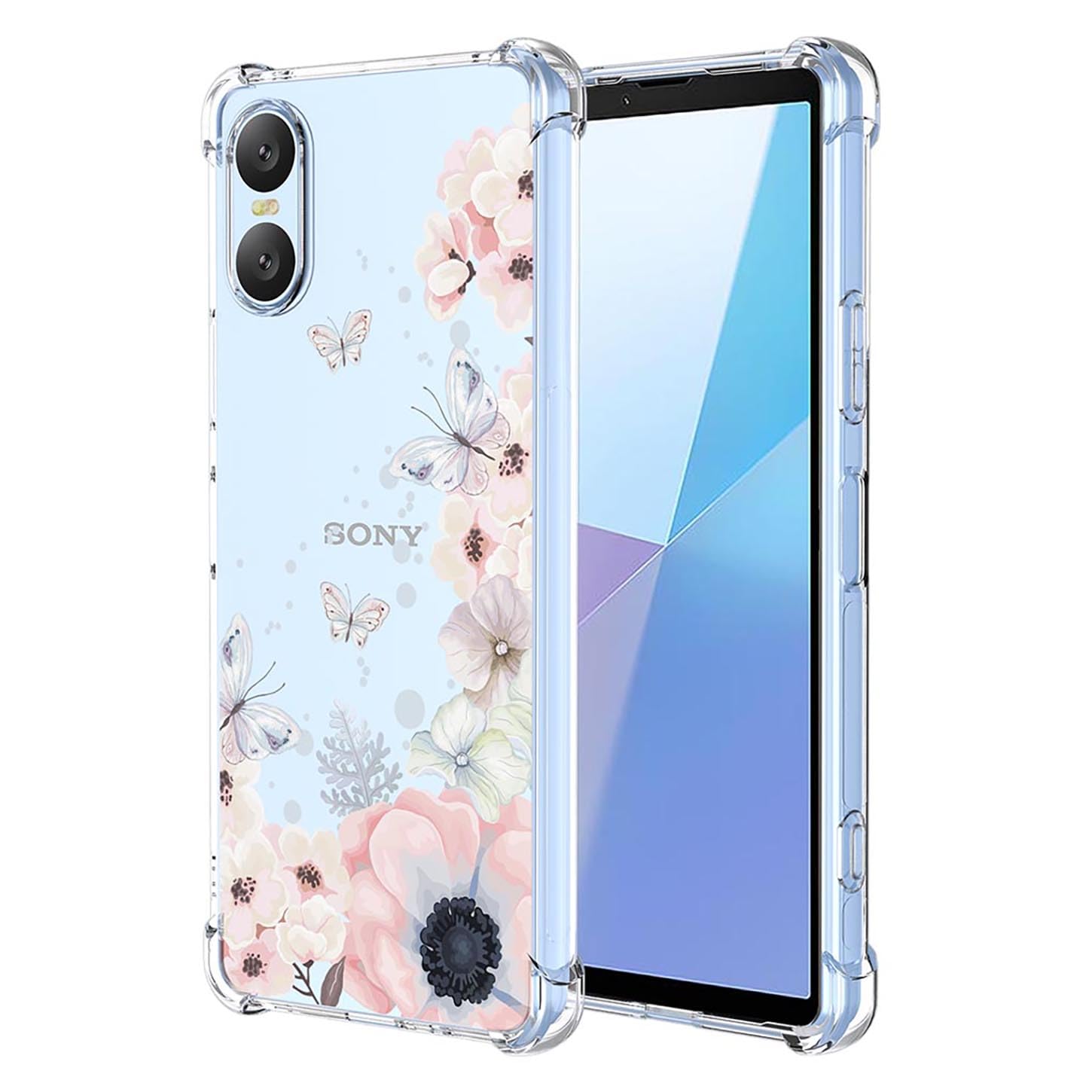 ILING Case for Sony Xperia 10 VI, Ultra Thin Elegant Flower and Cute Cartoon Pattern Design Transparent Shockproof Soft Silicone TPU Bumper Women Girls Cover (Pink flowers)