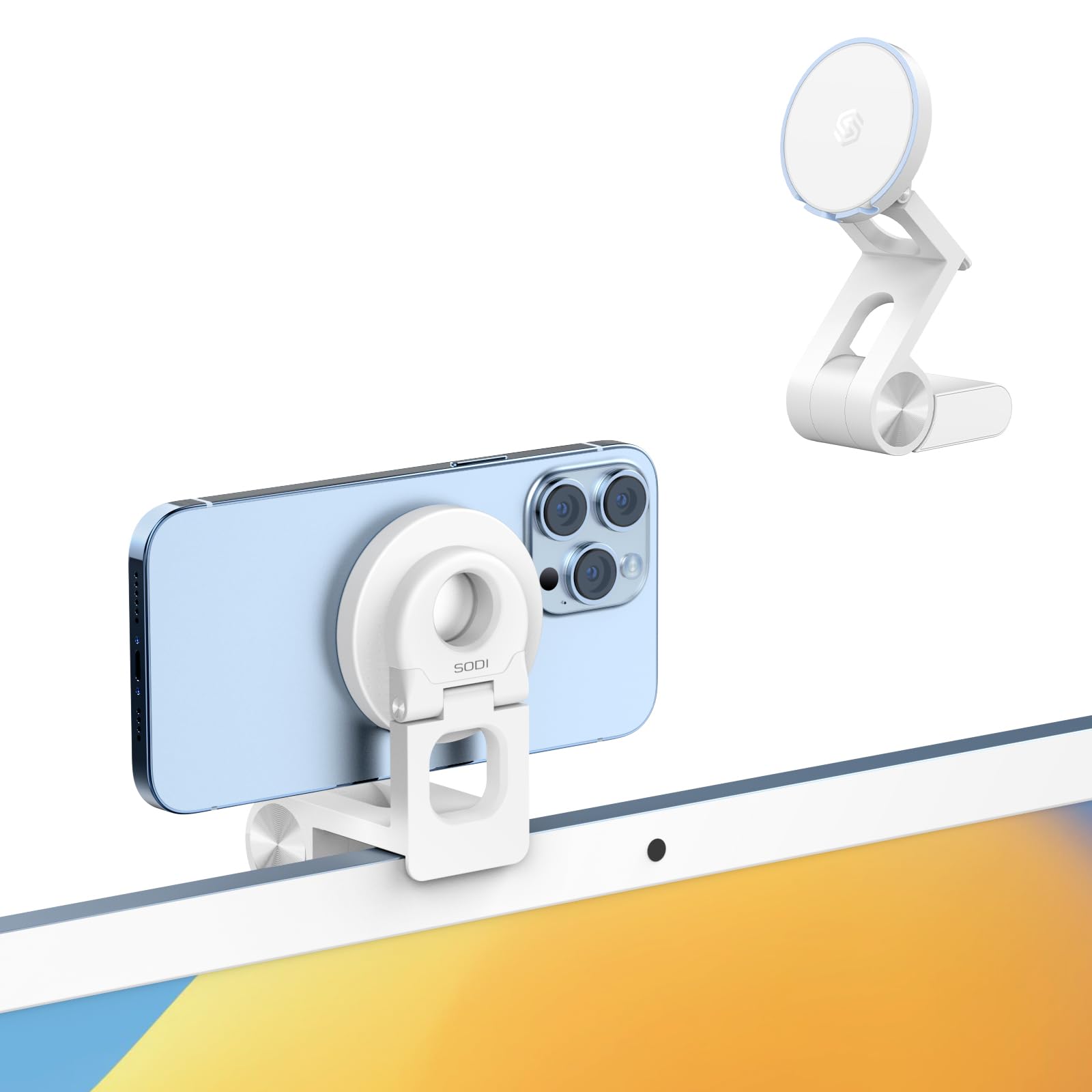 SODI Continuity Camera Mount for iPhone 17/16 15/14/13/12 Series, MacBook, iMac, Studio Displays, Phone Stand with Adjustable Tilt, Adjustable Continuity Camera Mount Works with Desk View, White